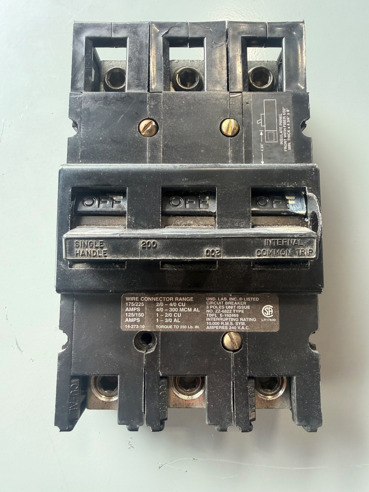 CHALLENGER (ZINSCO) QFL23200, 200A,  240V, 3 POLE CIRCUIT *USED*