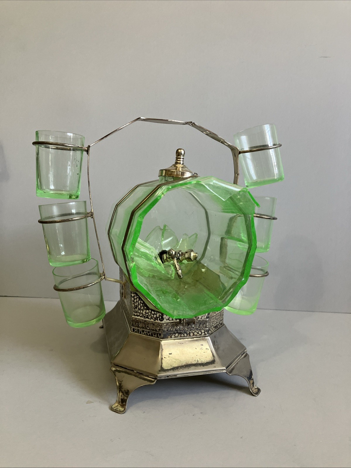 Uranium Glass Vaseline Glass Decanter Etched with 6 Shot Glasses For Repair