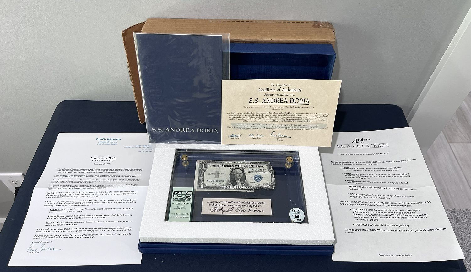 1935e $1 Silver Certificate  S.S. Andrea Doria SHIPWRECK PCGS Grade B w/Case COA