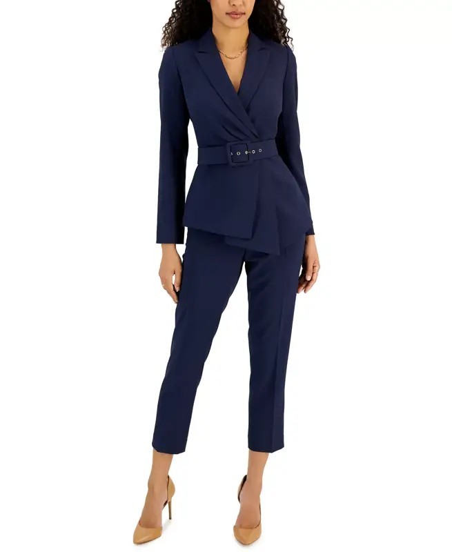 Tahari ASL Belted Jacket & Slim-Fit Pantsuit Set Women\'s 6 Midnight Navy L/S