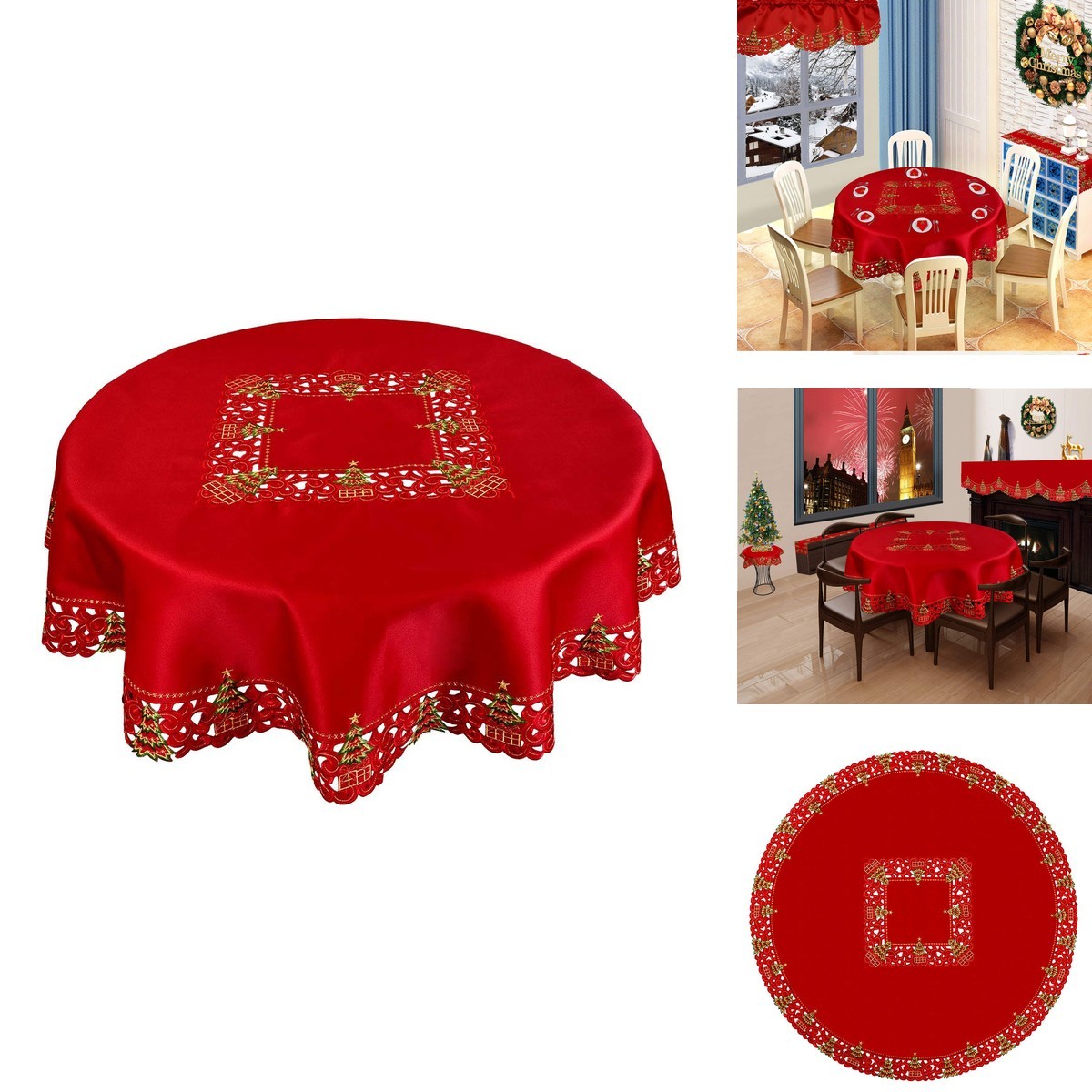 Grelucgo Embroidered Christmas Holiday Holly Tree Tablecloth 52\ Grelucgo Embroidered Christmas Holiday Holly Tree Tablecloth 52\