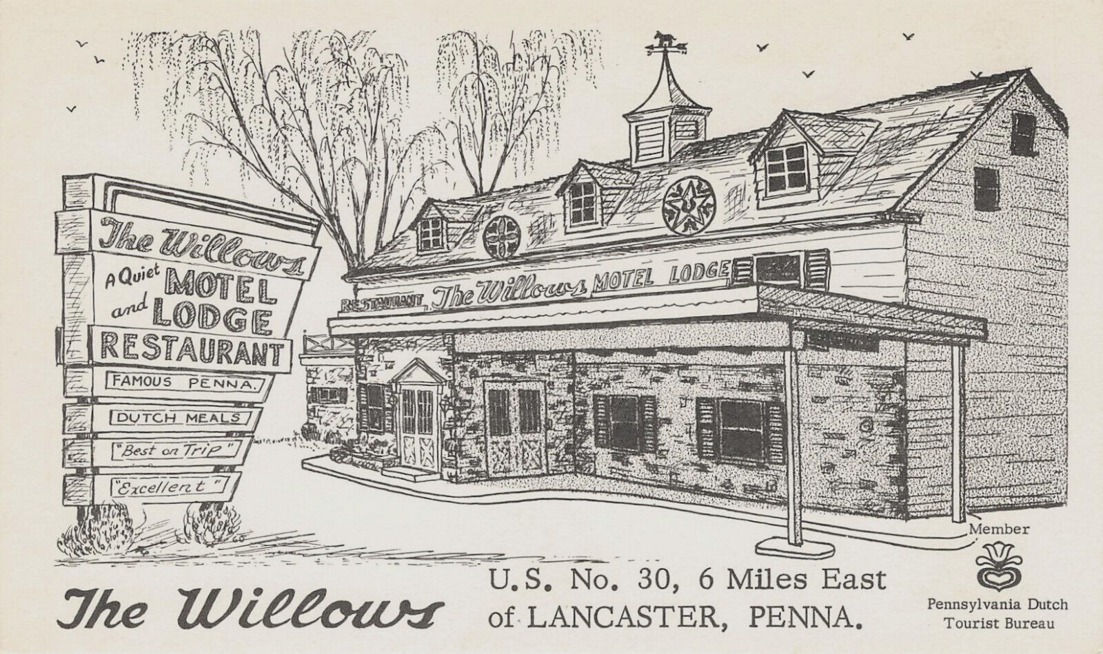 THE WILLOWS MOTEL & LODGE RESTAURANT POSTCARD LANCASTER PA PENNSYLVANIA 1950s THE WILLOWS MOTEL & LODGE RESTAURANT POSTCARD LANCASTER PA PENNSYLVANIA 1950s