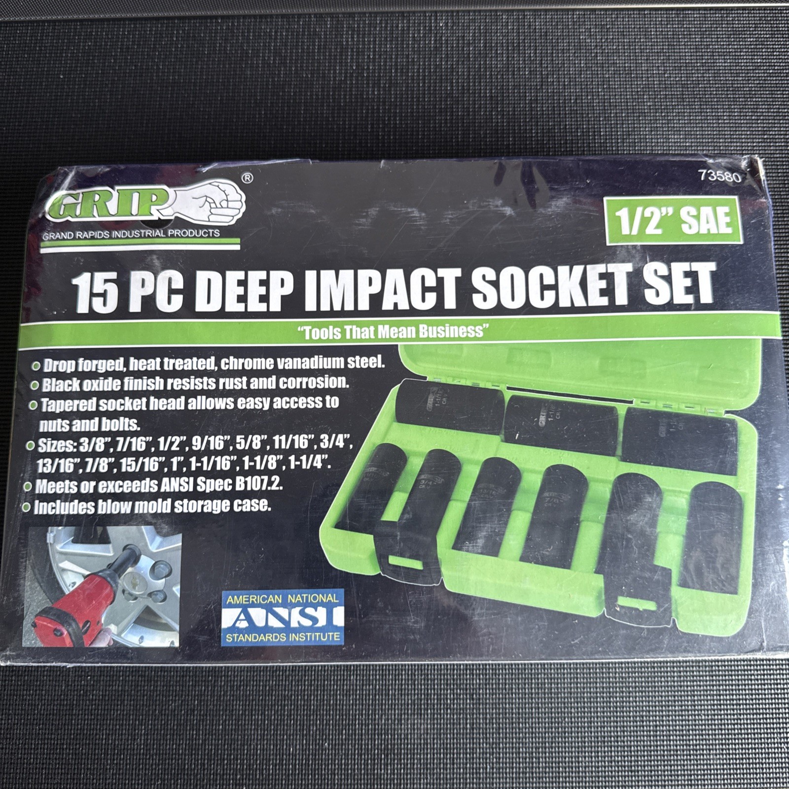 15PC Deep Impact Socket Set GRIP Brand New 1/2” SAE