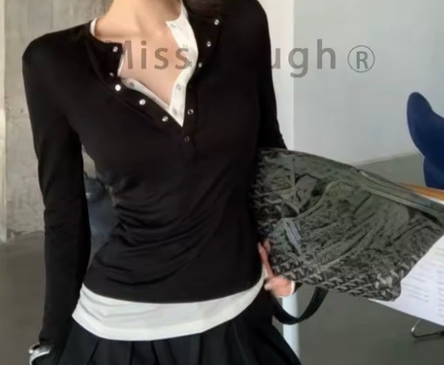 Korean Style Fake Two Pieces Long Sleeves Shirt Women - Slim Fit