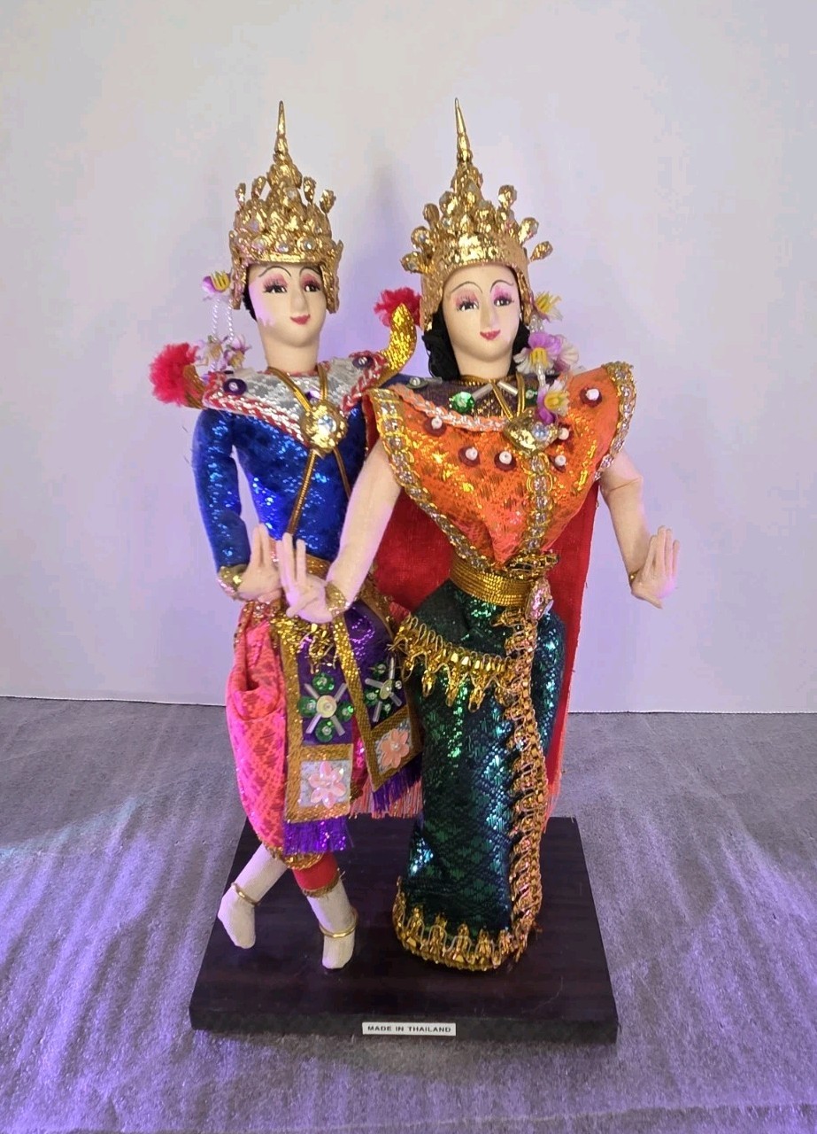 Vintage Thai Dancer Dolls Figurine Couple Traditional Costume Golden Headdress Vintage Thai Dancer Dolls Figurine Couple Traditional Costume Golden Headdress