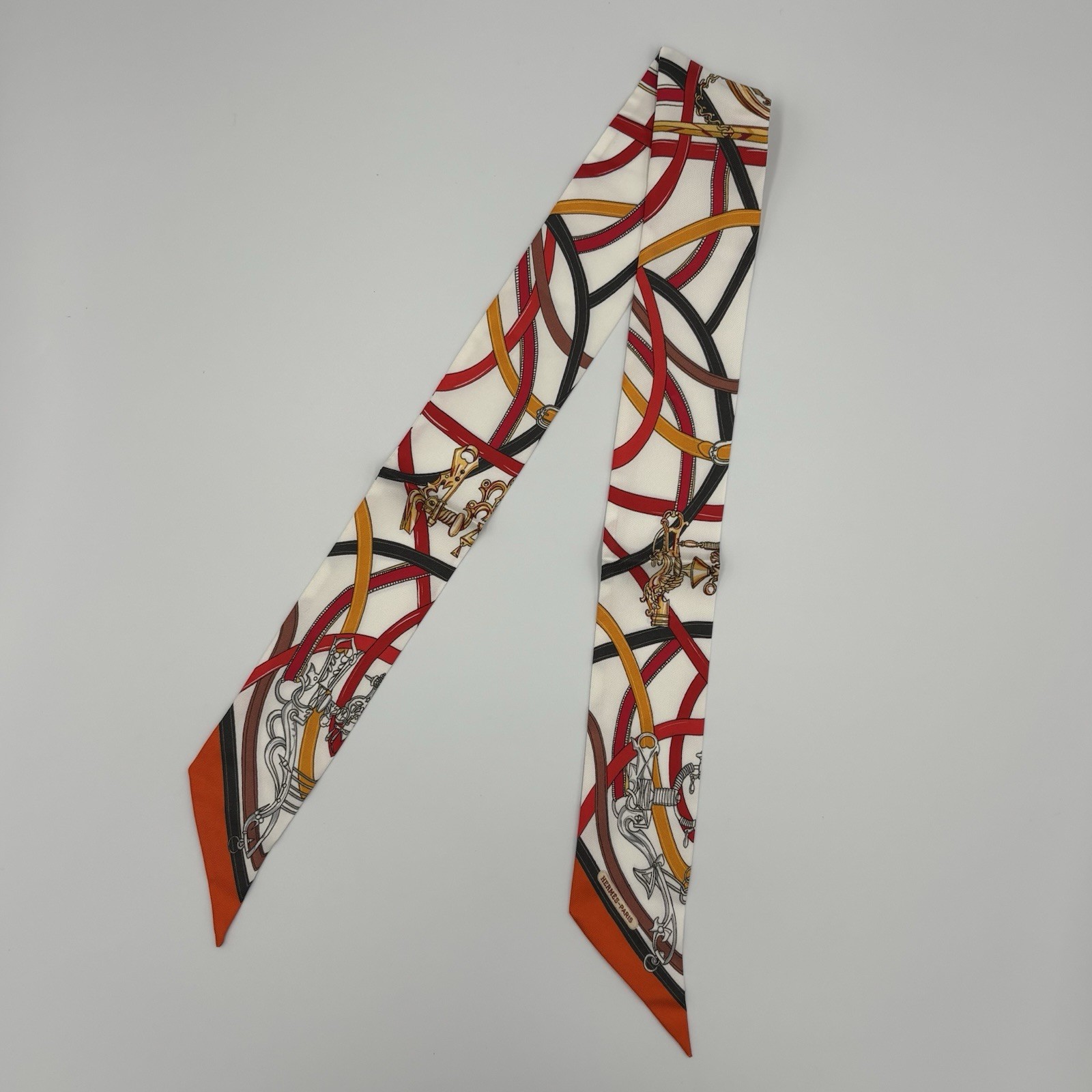 Hermes Harnais Legendaire Twilly Silk Scarf White Red Orange Harness Ribbon