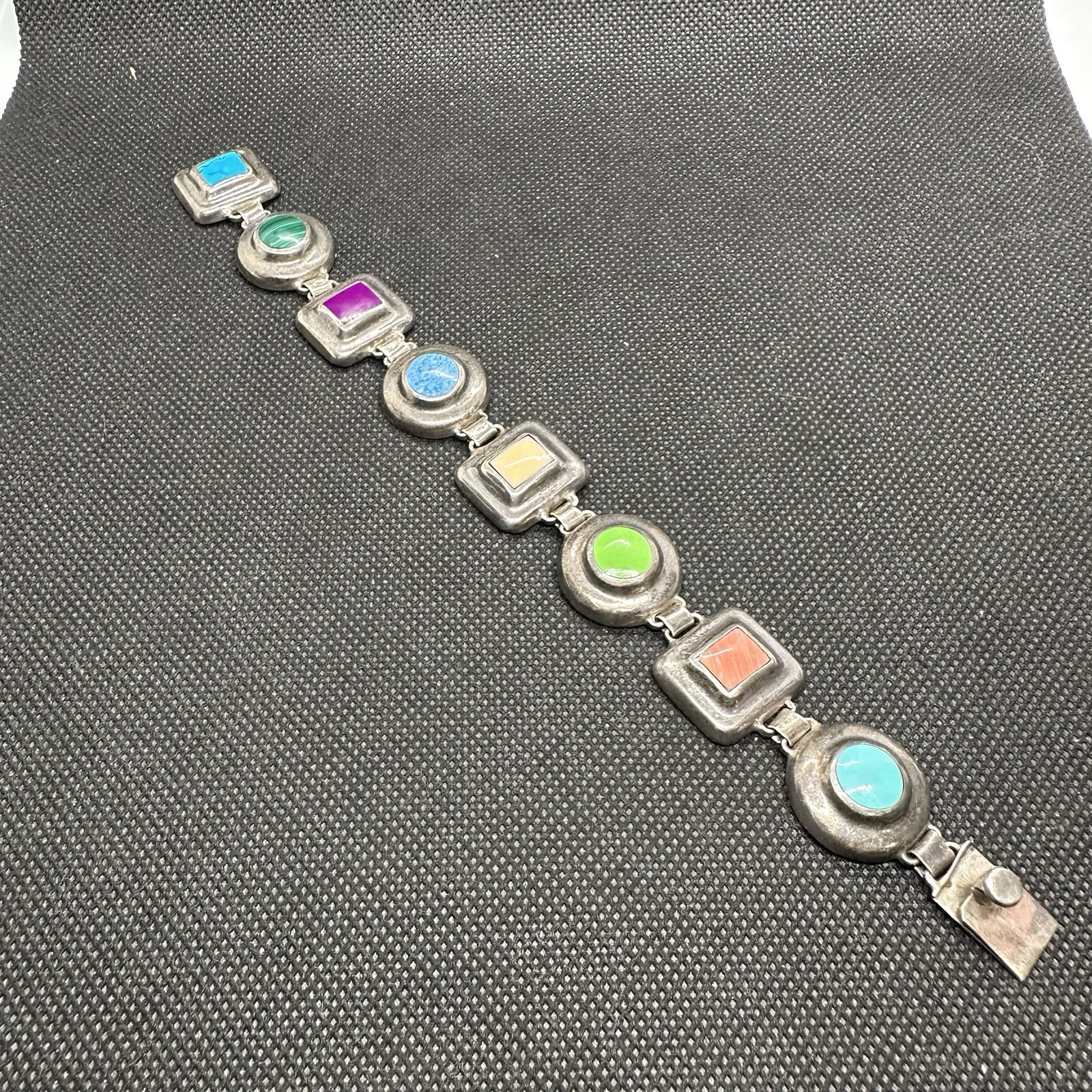 Vintage Taxco Mexico 925 Sterling Silver 8 Multi Stone Link Bracelet 7.5in 39g