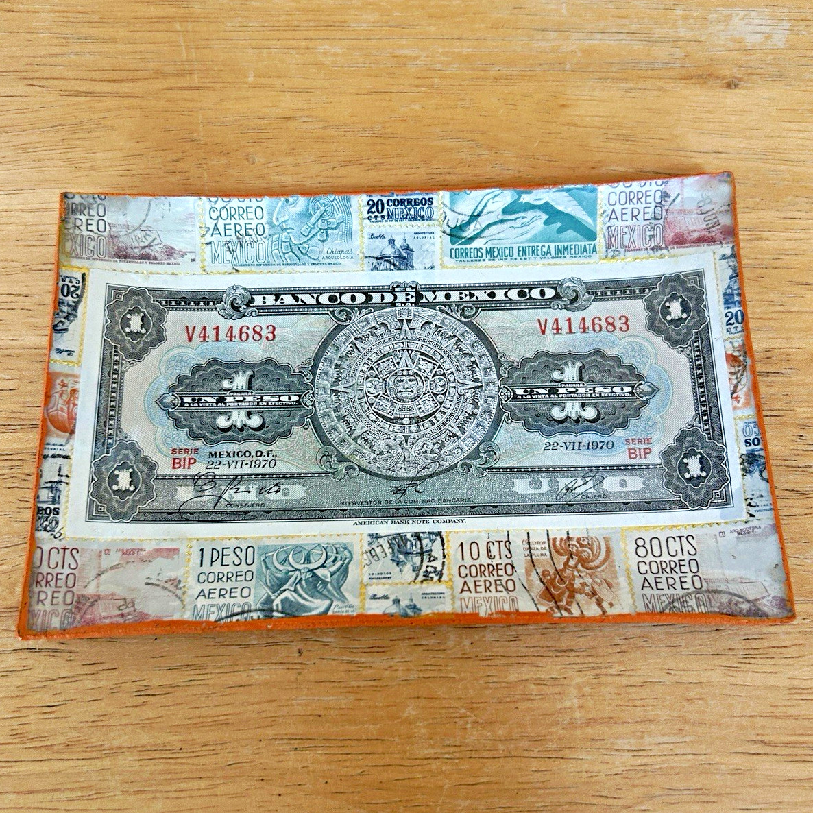 Vintage Mexico 1970 1 Peso Banknote Postage Stamp Collage Aztec Calendar Art