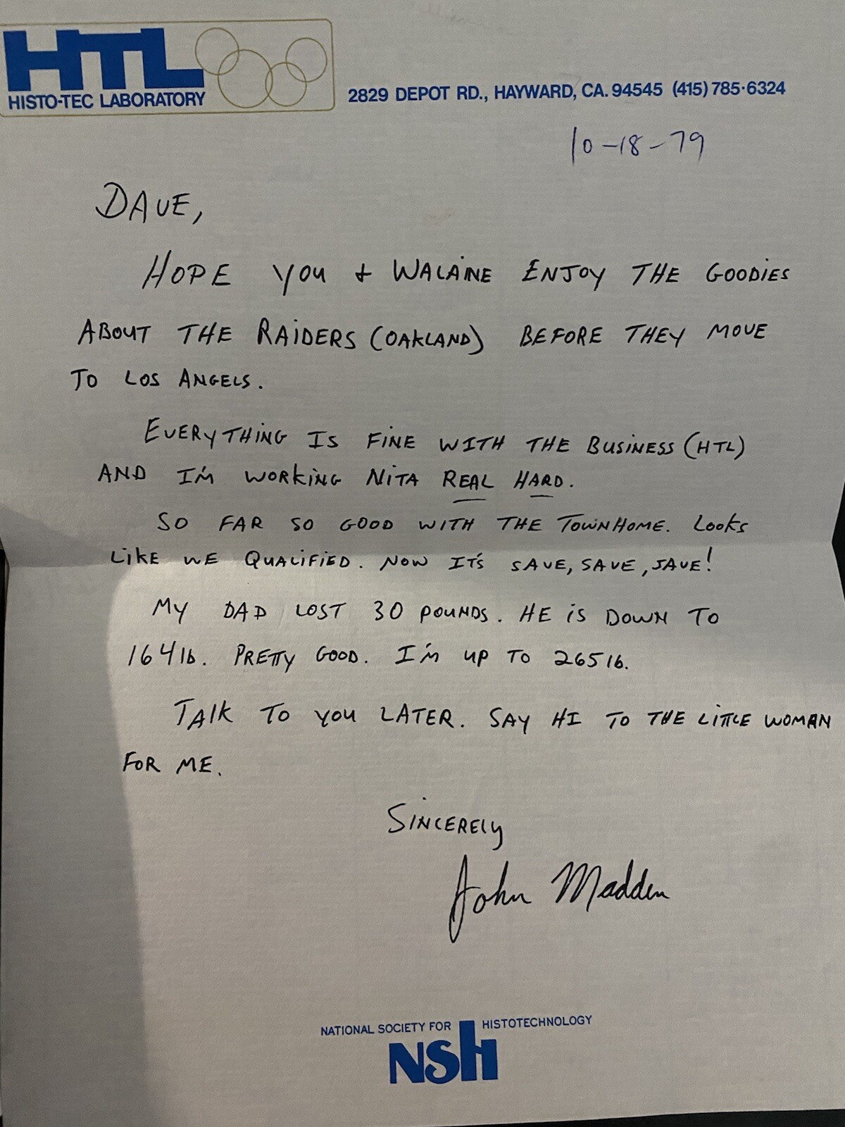 John Madden Personal Letter 1979 to a Friend Oakland Raiders Madden Signature 