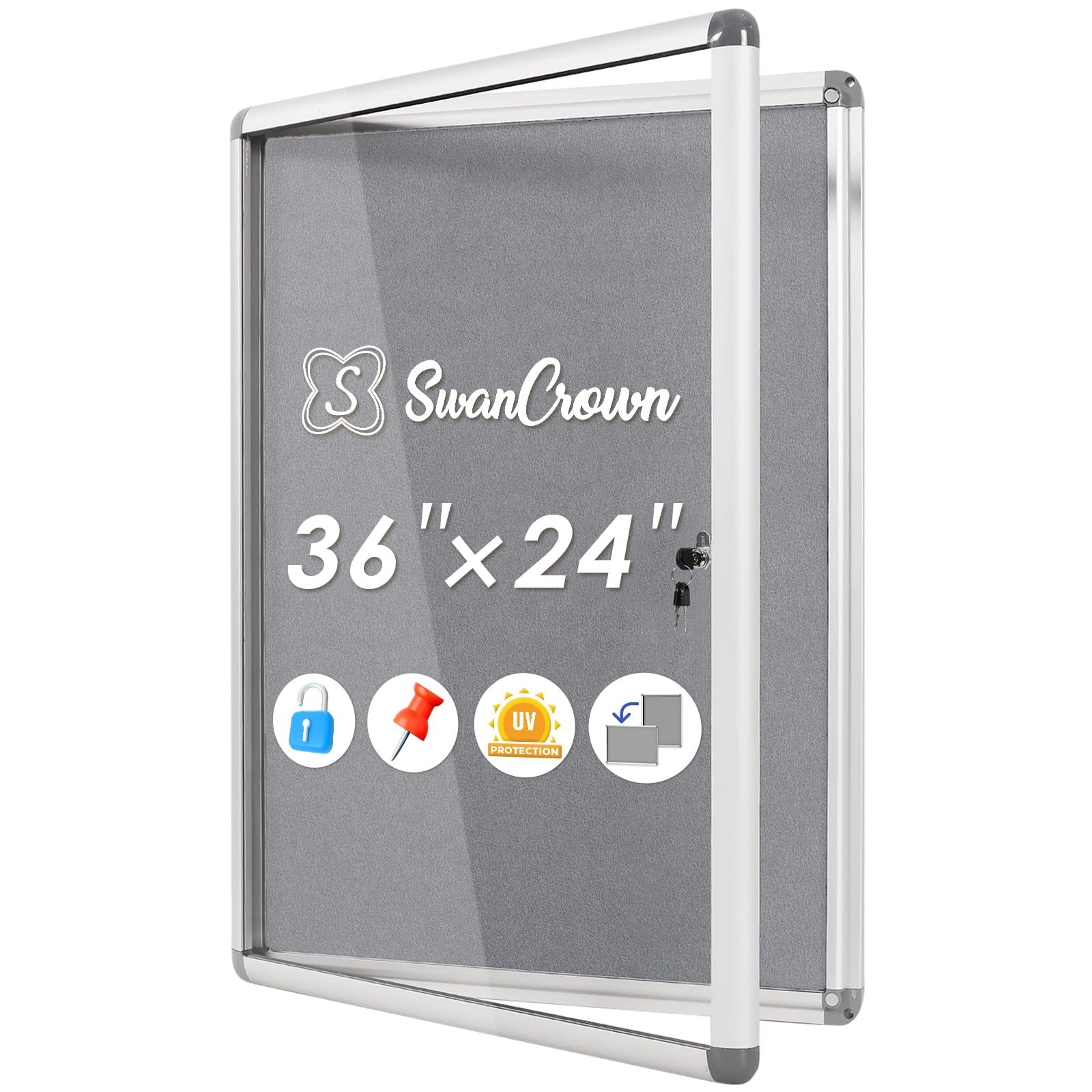 SWANCROWN 36x24 in Enclosed Bulletin Board, Wall Display Case, Grey Felt | 6x... SWANCROWN 36x24 in Enclosed Bulletin Board, Wall Display Case, Grey Felt | 6x...