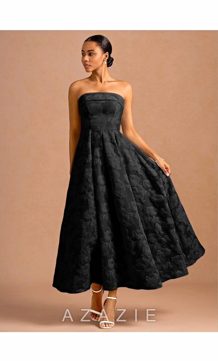 Azazie Black Strapless Floral Jacquard A-Line Pleated Midi Dress Size 6 Azazie Black Strapless Floral Jacquard A-Line Pleated Midi Dress Size 6