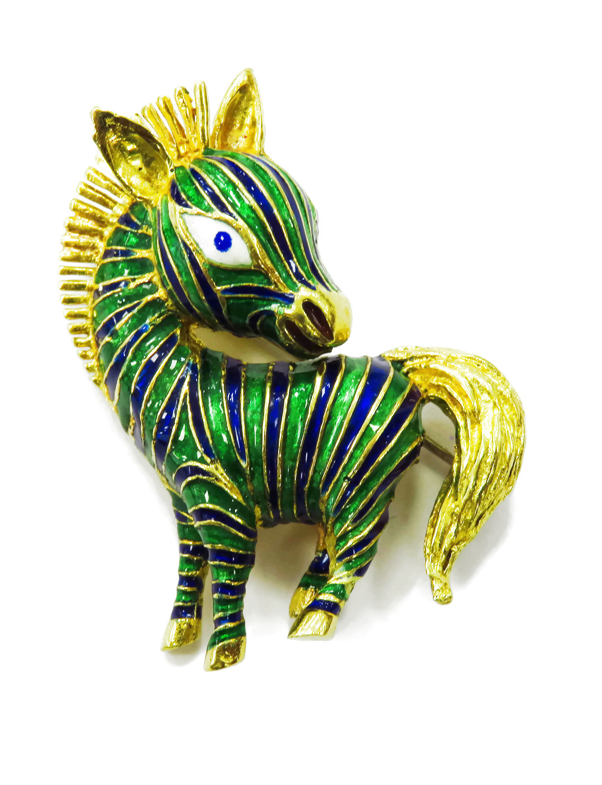 18K Yellow Gold Enamel Zebra Brooch Pin ~ 15.6g