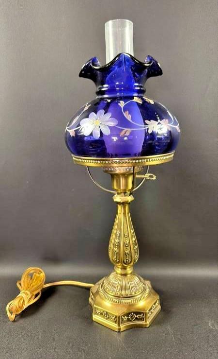 Rare Fenton Royal Purple Table Lamp Ltd. Edition Floral Hand Painted Signed 1450