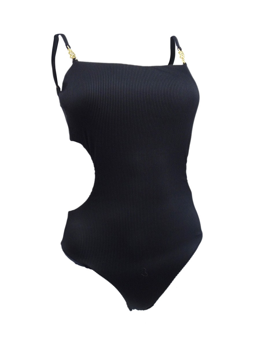 Aqua Women\'s Chain Trim Cutout One Piece Swimsuit (M, Black) Aqua Women\'s Chain Trim Cutout One Piece Swimsuit (M, Black)