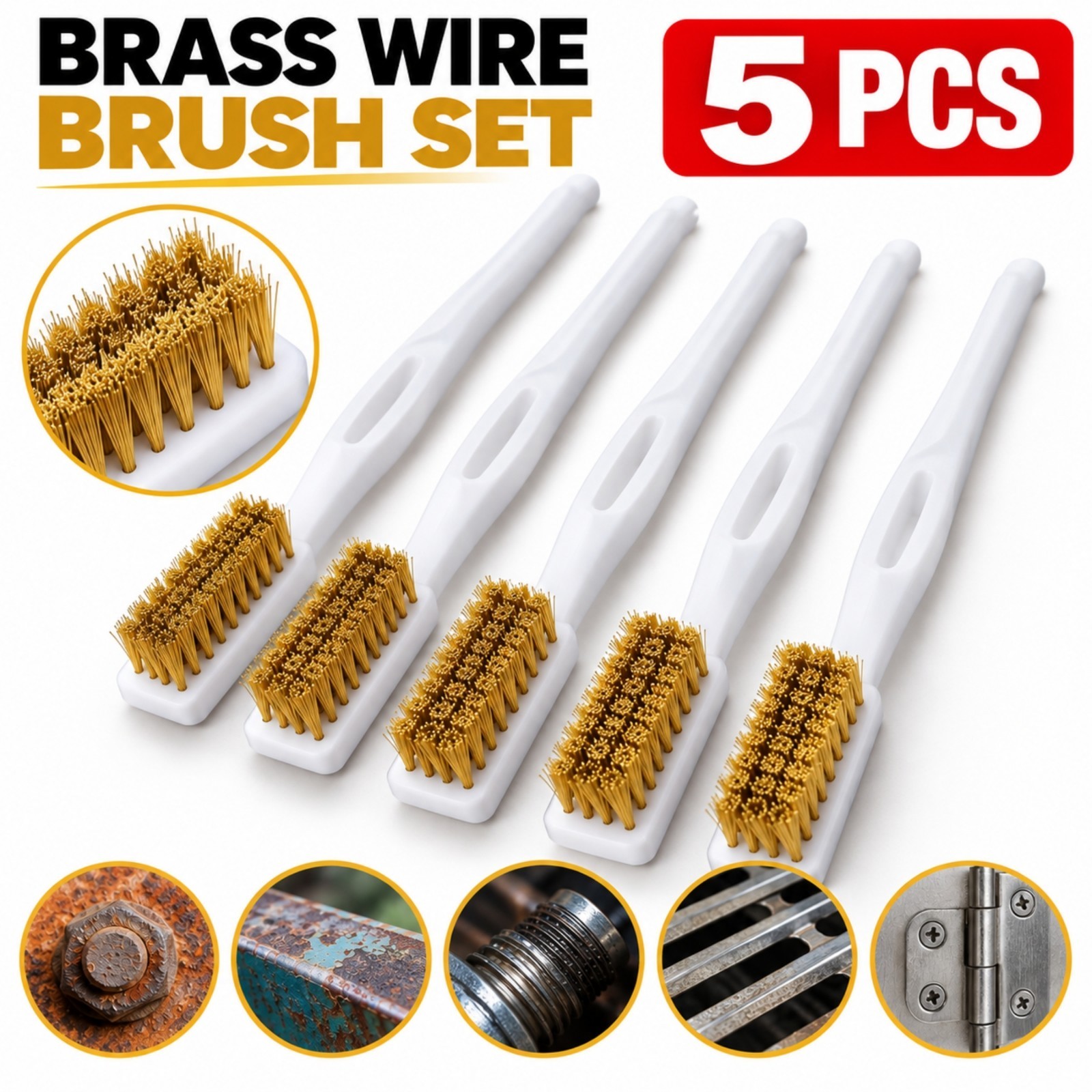 5pcs Brass Wire Brush Set Rust Paint Removal Metal Cleaning Tool Kit - NEW