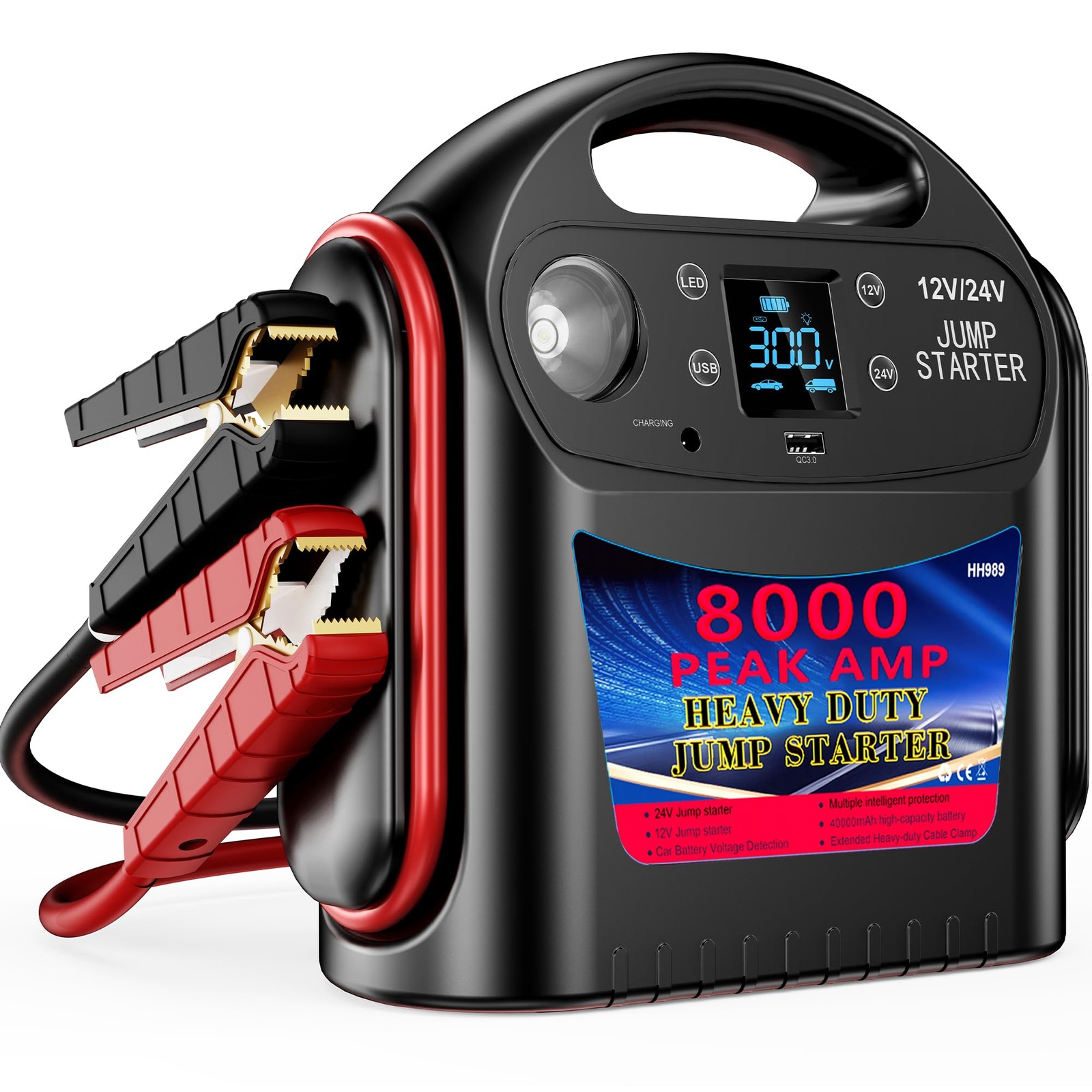 8000A 12V/24V Jump Starter for Large Gas & Diesel Engines, Heavy-Duty Portable 8000A 12V/24V Jump Starter for Large Gas & Diesel Engines, Heavy-Duty Portable