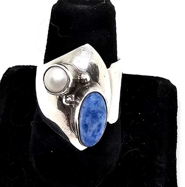 Navajo Nakai Sterling  Pearl & Denim Lapis Wrap Adjustable Ring SZ 8 Signed