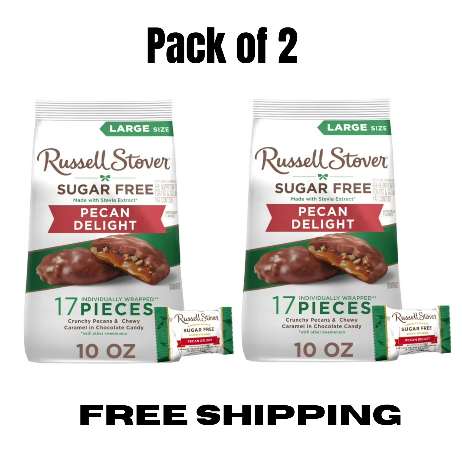 Russell Stover Sugar free Milk chocolate Pecan Delight Stand Up Bag 10 OZ 2Pack. Russell Stover Sugar free Milk chocolate Pecan Delight Stand Up Bag 10 OZ 2Pack.