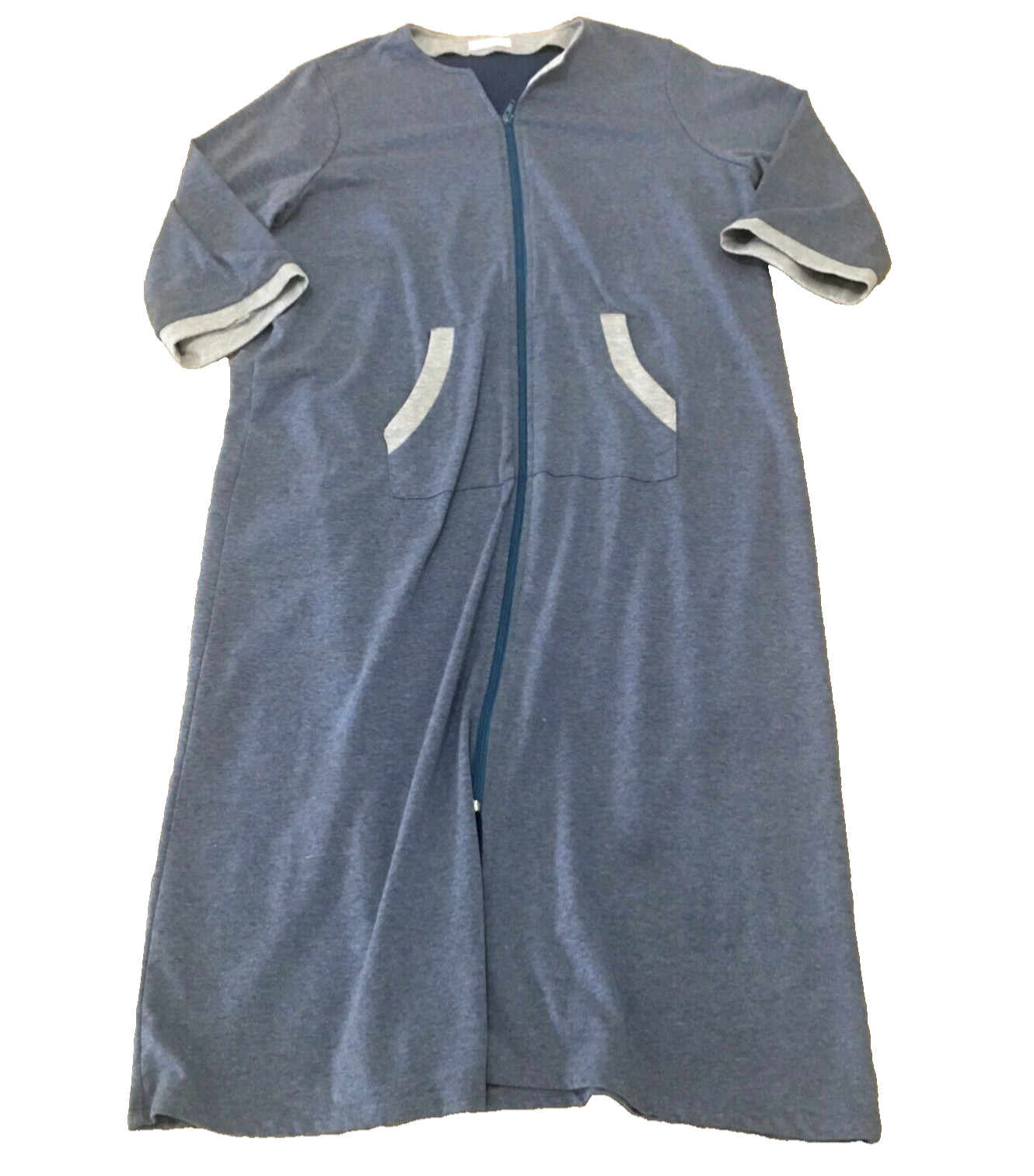 Ekouaer Women\'s Lounge Robe Sz M Blue Full Front Zip 3/4 Sleeves Pockets