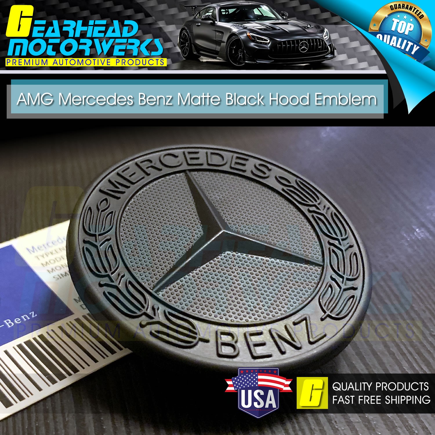 Front AMG Hood Emblem Matte Black Flat Laurel Wreath Badge Mercedes 2 Pins 57mm