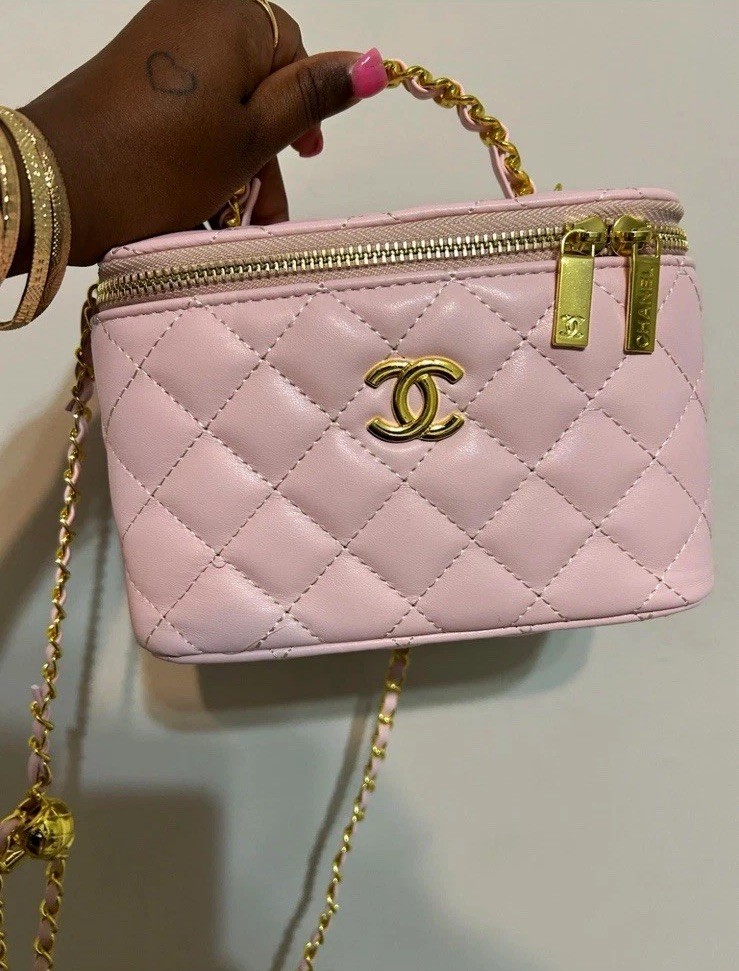 CHANEL Pink Quilted Zip-Around Makeup Bag Cosmetic Pouch w/ Chain Strap