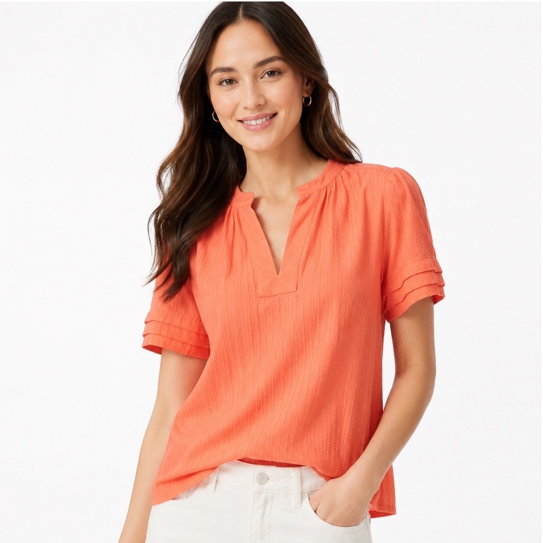 LOFT Coral Orange Dobby Stripe Ruffle Sleeve Split Neck Blouse XXS NWT