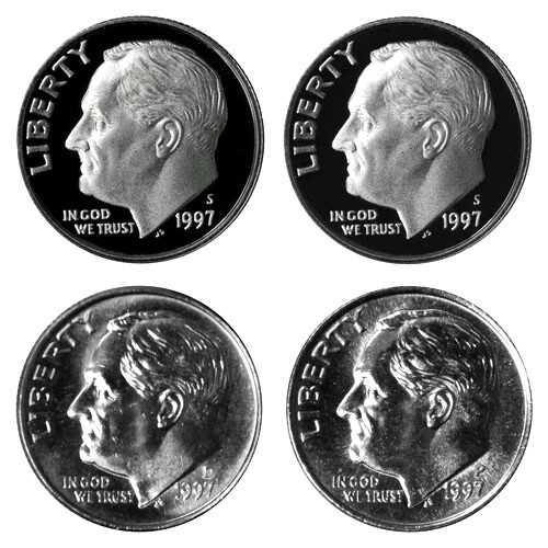 1997 P D S S Roosevelt Dime Year Set Silver & Clad Proof & BU In Cello