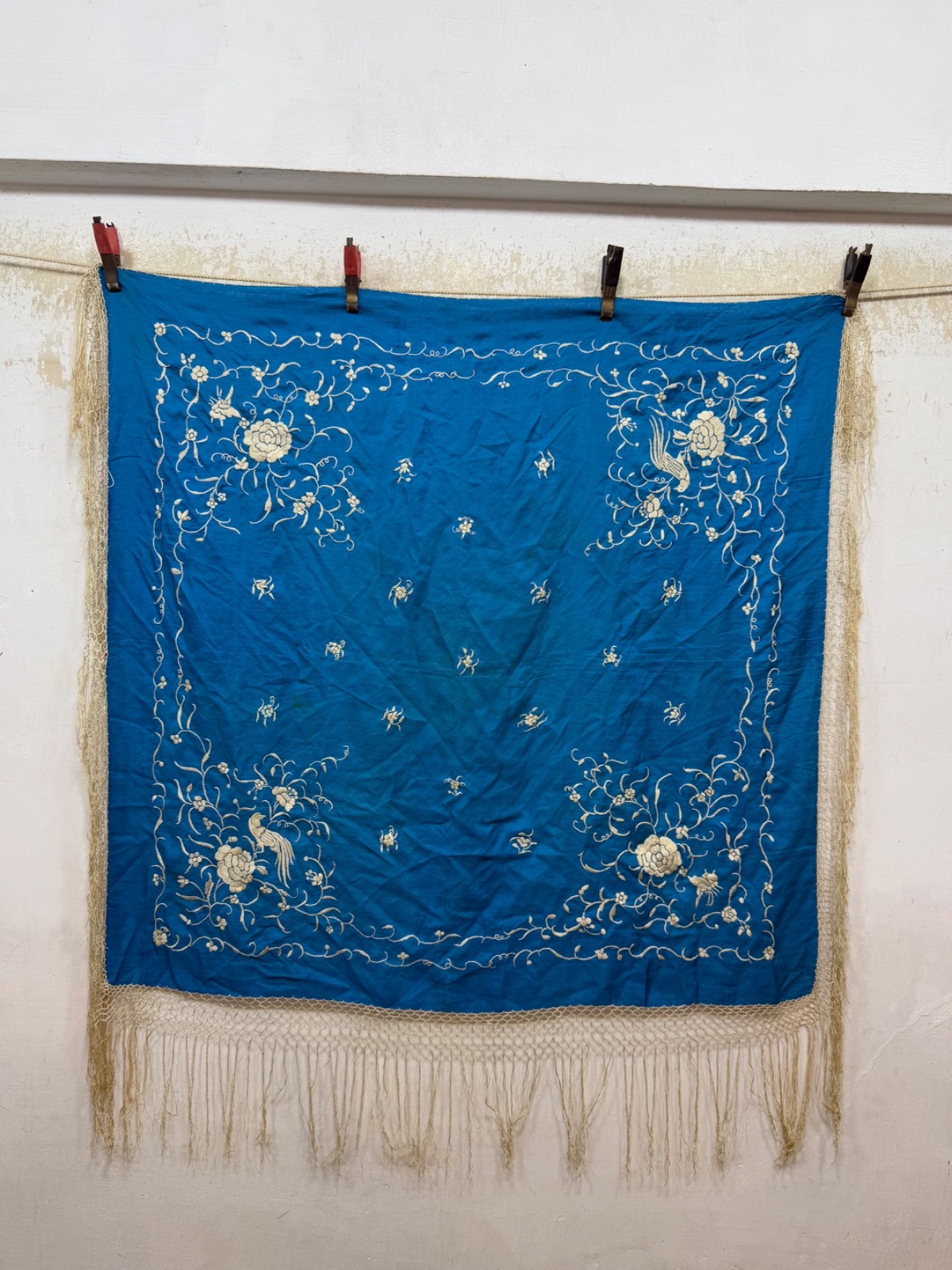 Vintage Hand Silk Embroidered Manton Manila Textile Shawl 86x83 Cm
