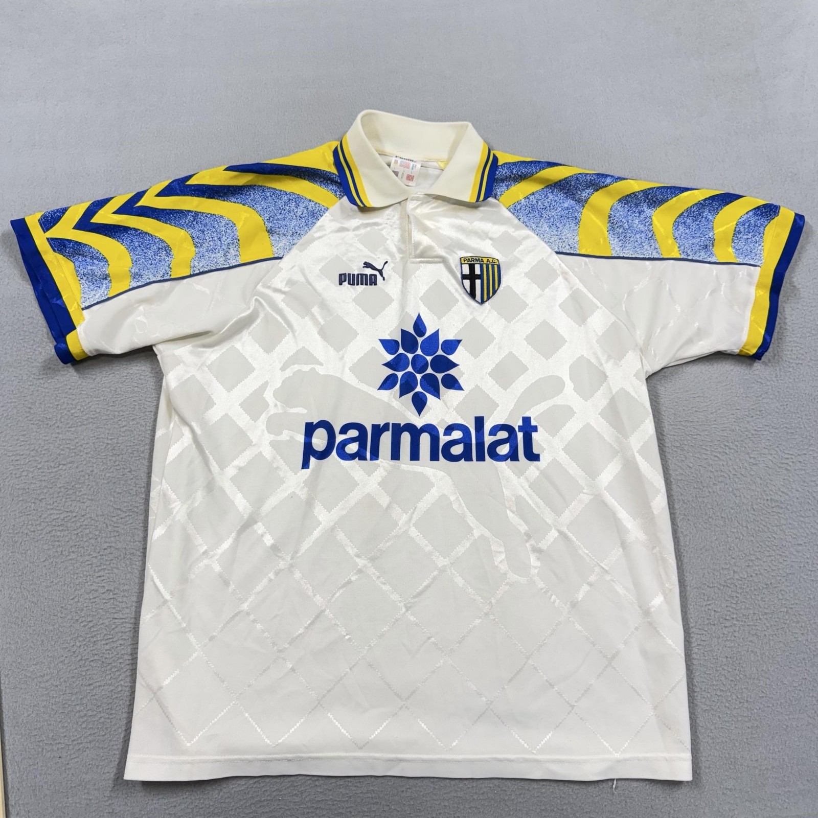 Vintage Parma Jersey Mens Large White Yellow Soccer Puma Parmalat Sponsor 90s