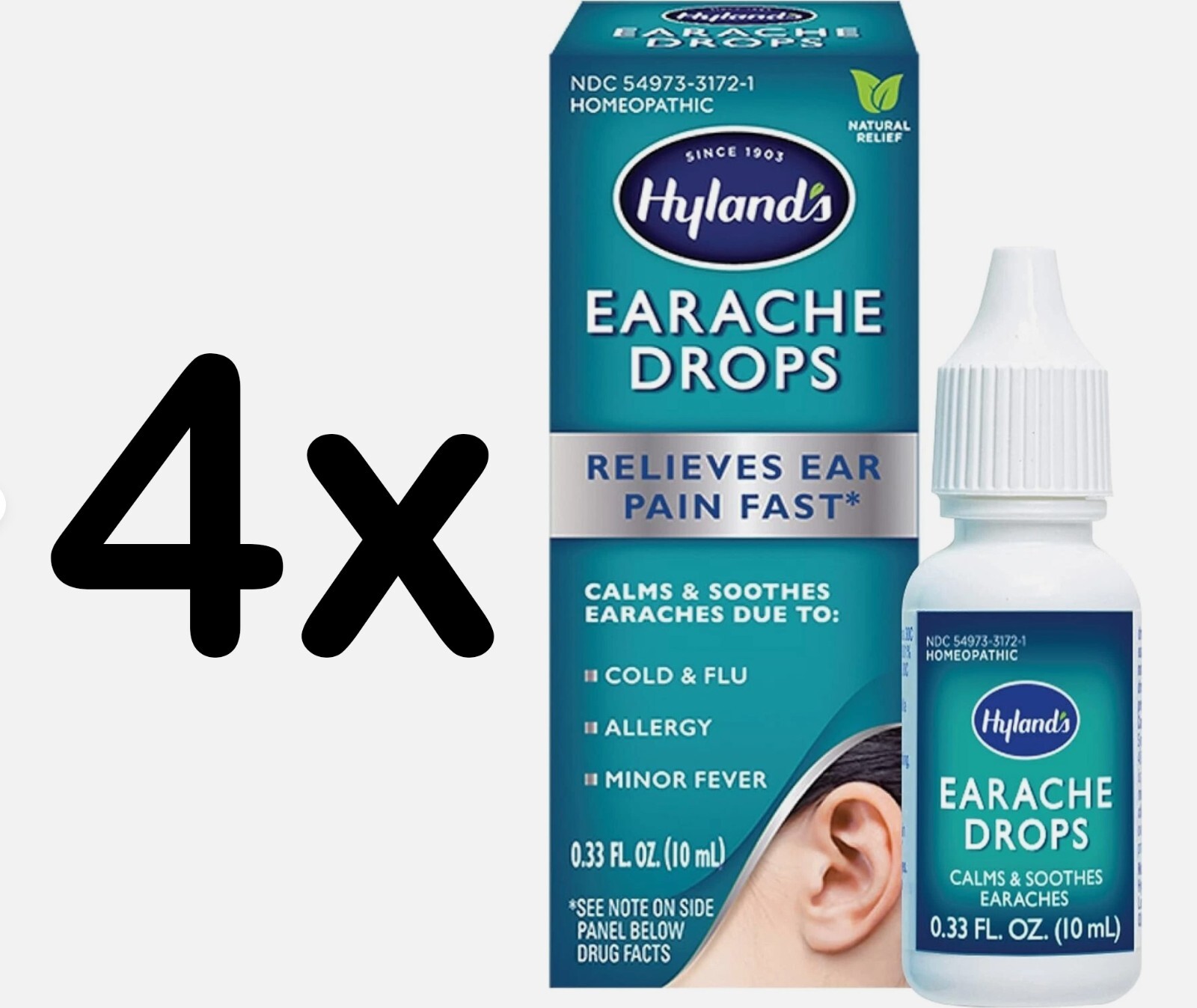 Hylands Earache Drop 0.33oz, Relieves Pain and Itch of Swimmer\'s Ear Pack of 4