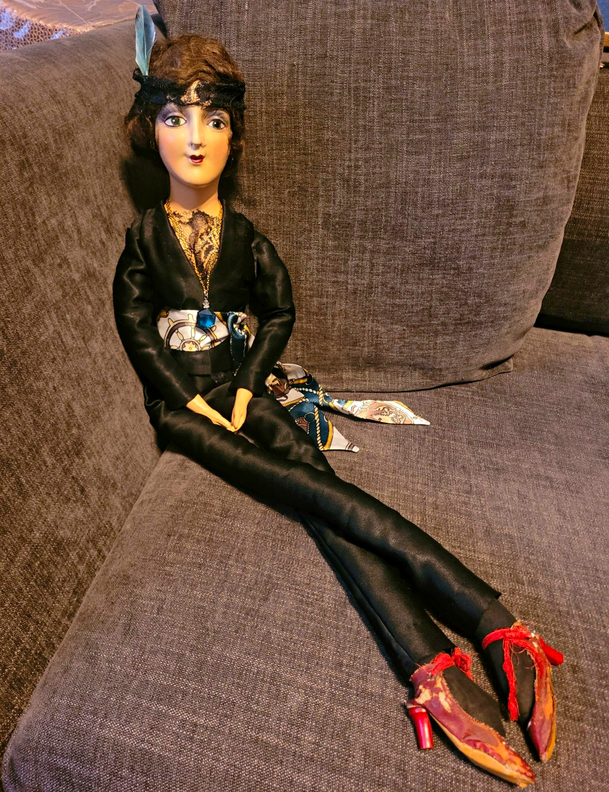 Rare Antique 1920s Boudoir Doll Composition Lounging Outfit Art Deco