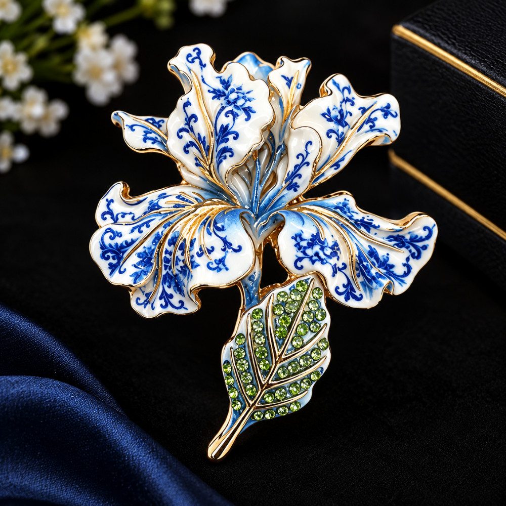 Blue White Iris Brooch Crystal Enamel Flower Pin Vintage Style Statement Jewelry
