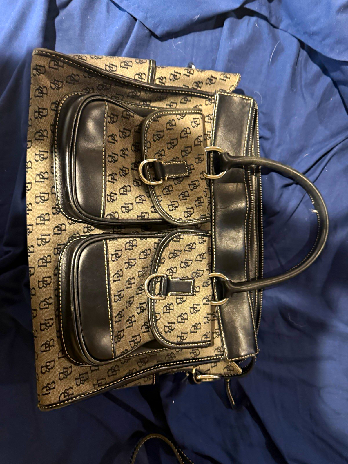 Dooney & Bourke Medium Logo Satchel Top Handle, Black/Beige, Zip, Strap