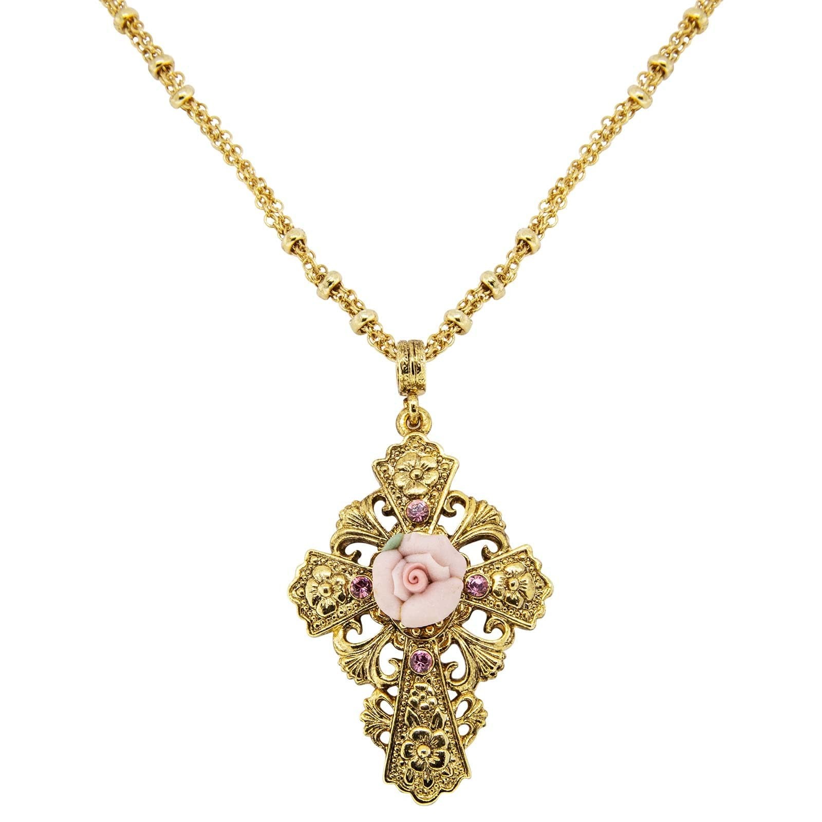 1928 Jewelry Cross Porcelain Rose Cross Necklace 18 Inch Chain, Pink