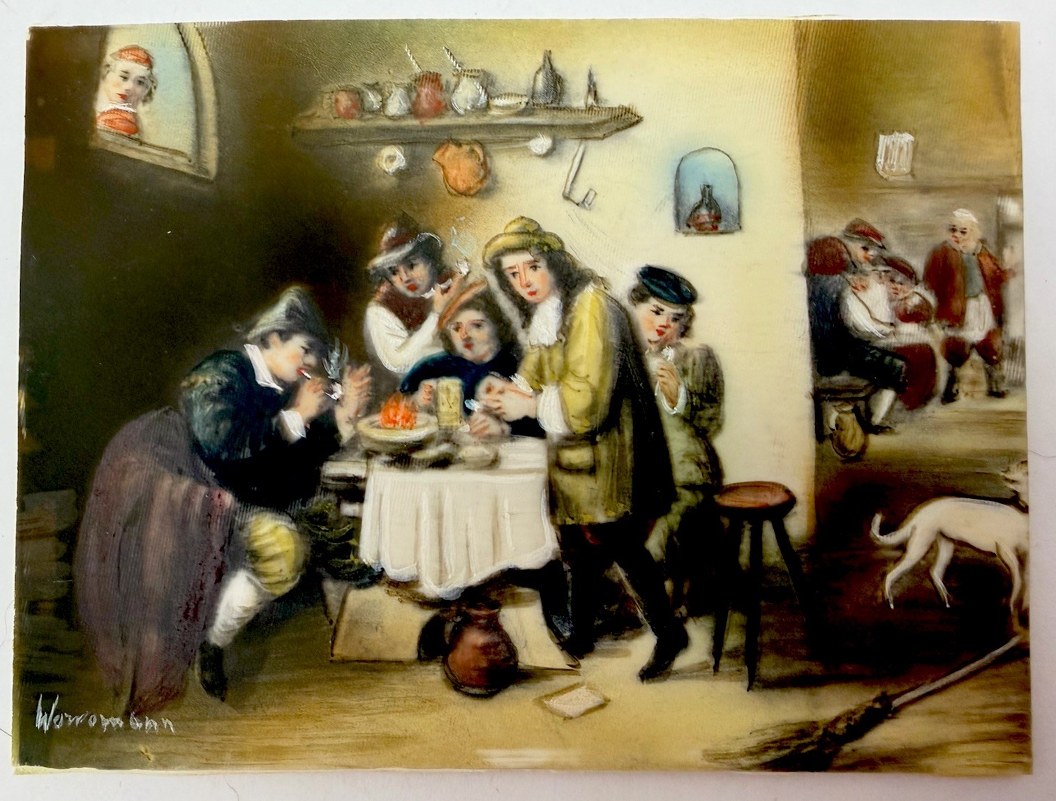 Vintage Antique Hand Drawn German Tavern Scene Artist Signed Bubble Glass Frame
