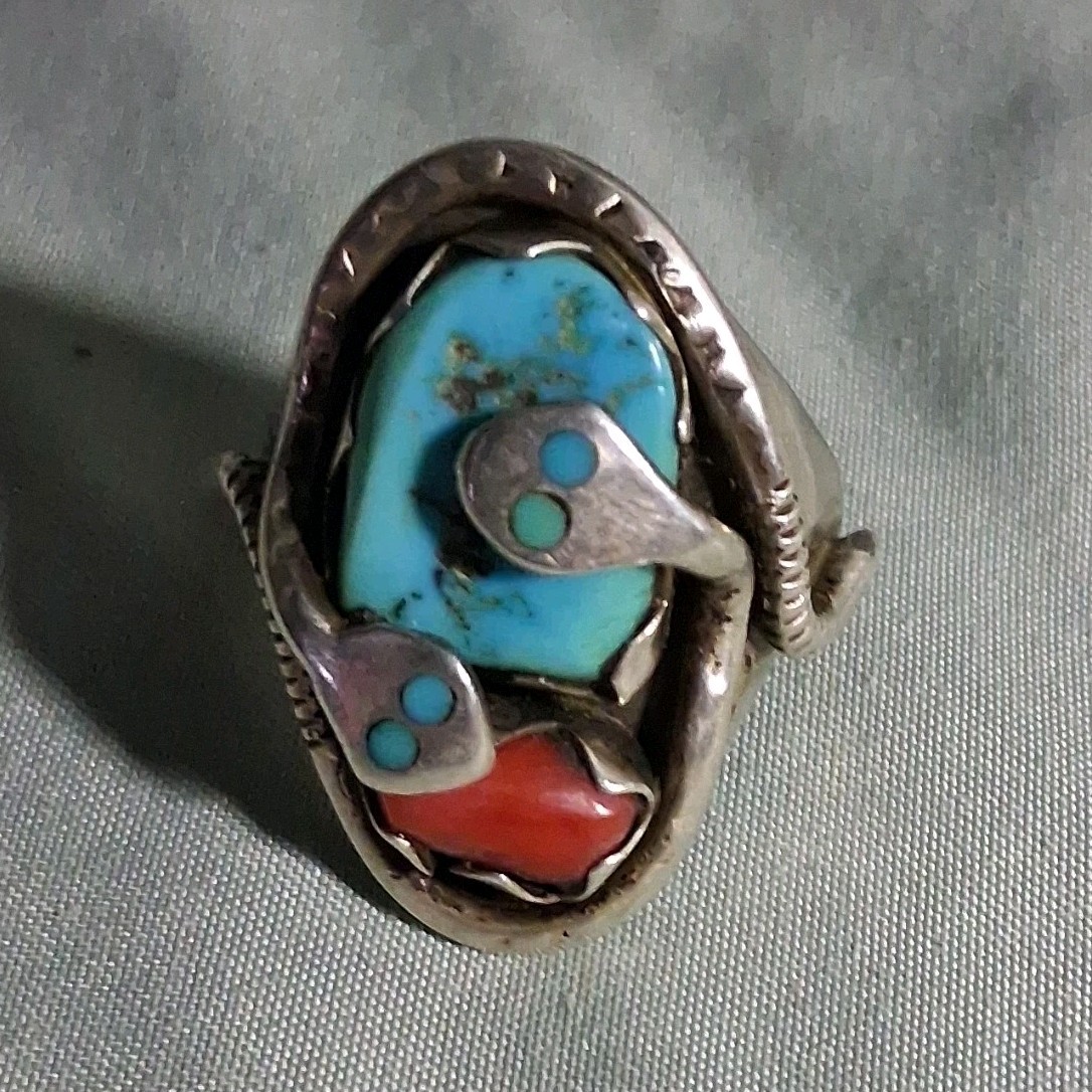 Effie C. Zuni Sterling Silver Turquoise & Coral Inlay Ring Handmade