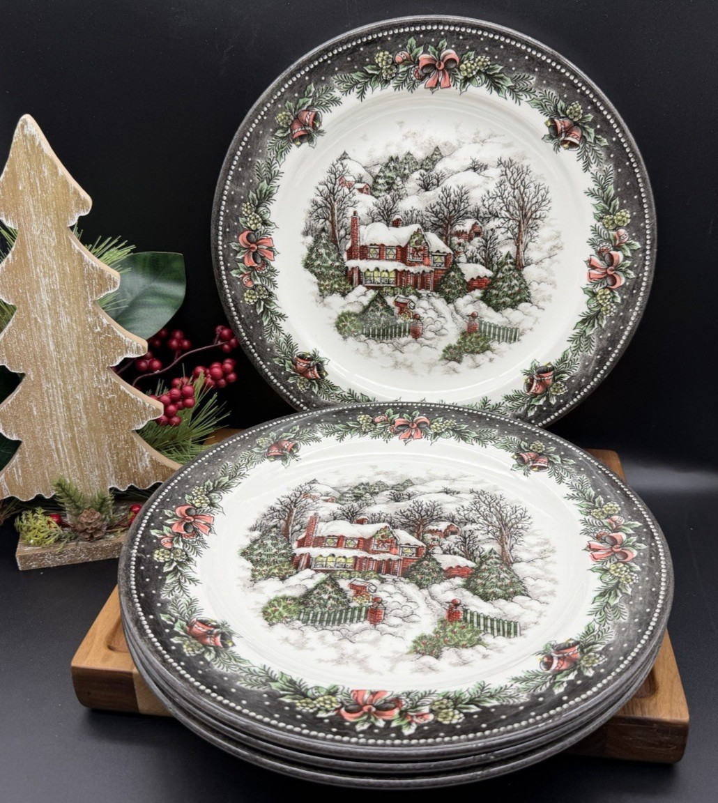 Royal Stafford CHRISTMAS VILLAGE Dinner Plates Winter Snow Trees (Set of 4) NEW