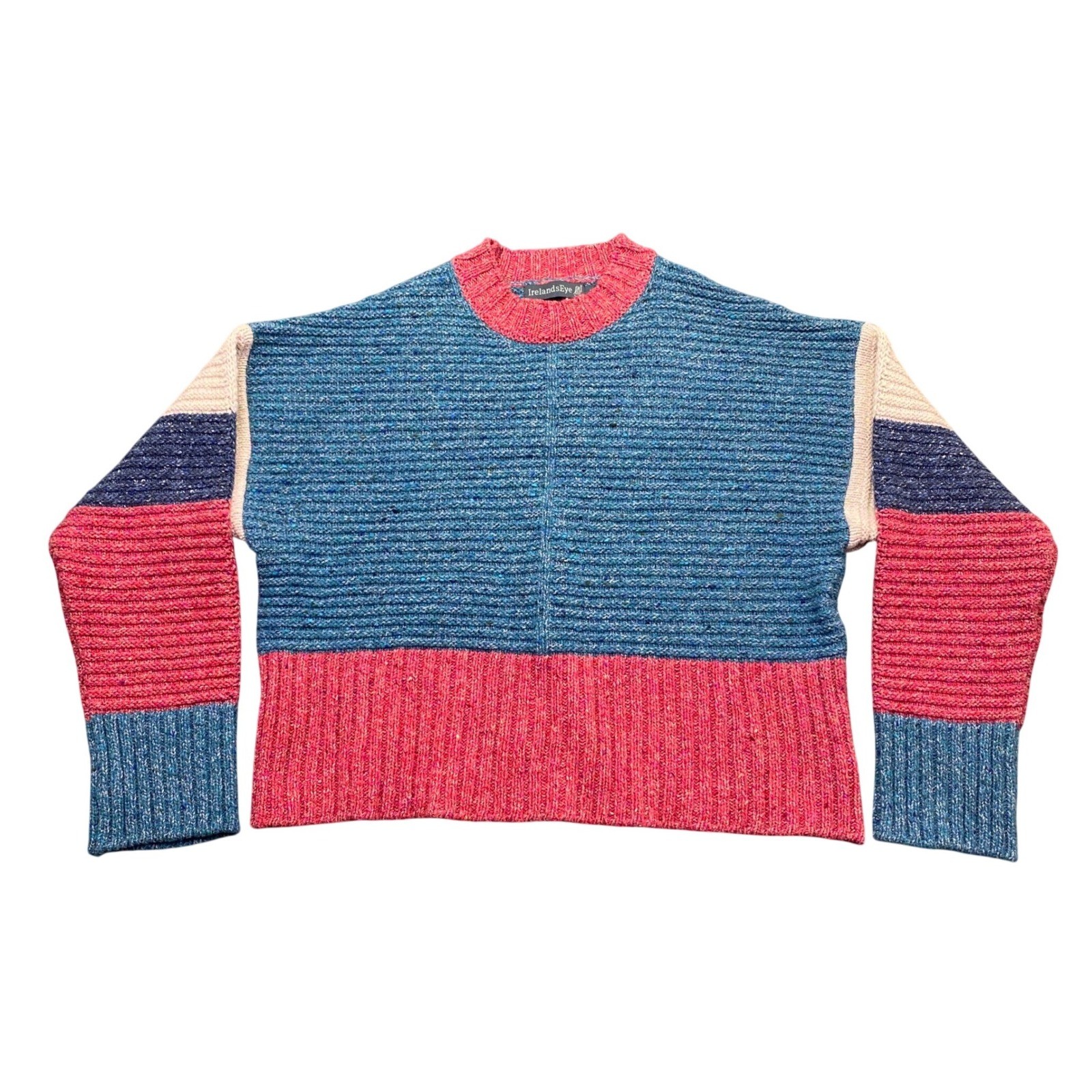 IrelandsEye Dublin Wool Cashmere Silk Colorblock Knit Sweater Blue Pink Medium