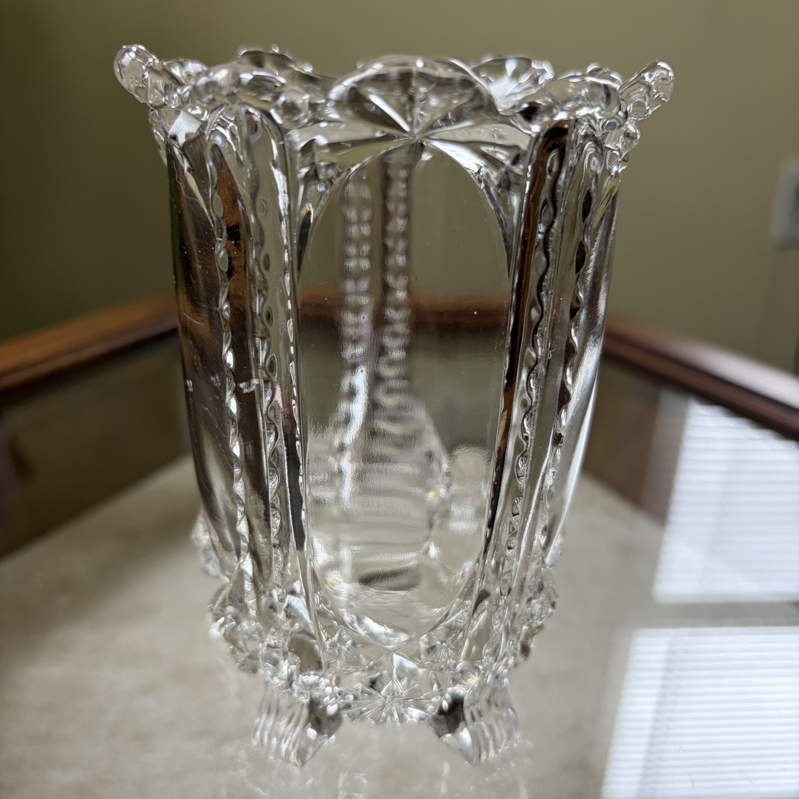 Antique EAPG Windsor Glass Co PENTAGON Clear Five-Footed Spooner / Vase c.1886 Antique EAPG Windsor Glass Co PENTAGON Clear Five-Footed Spooner / Vase c.1886