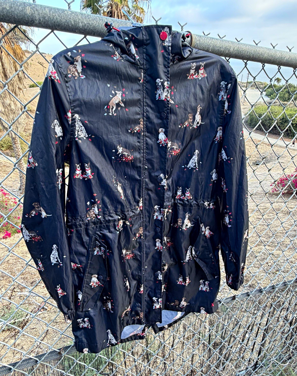 Joules Right As Rain Women\'s Navy Animal Print Hooded Rain Coat, Size 6