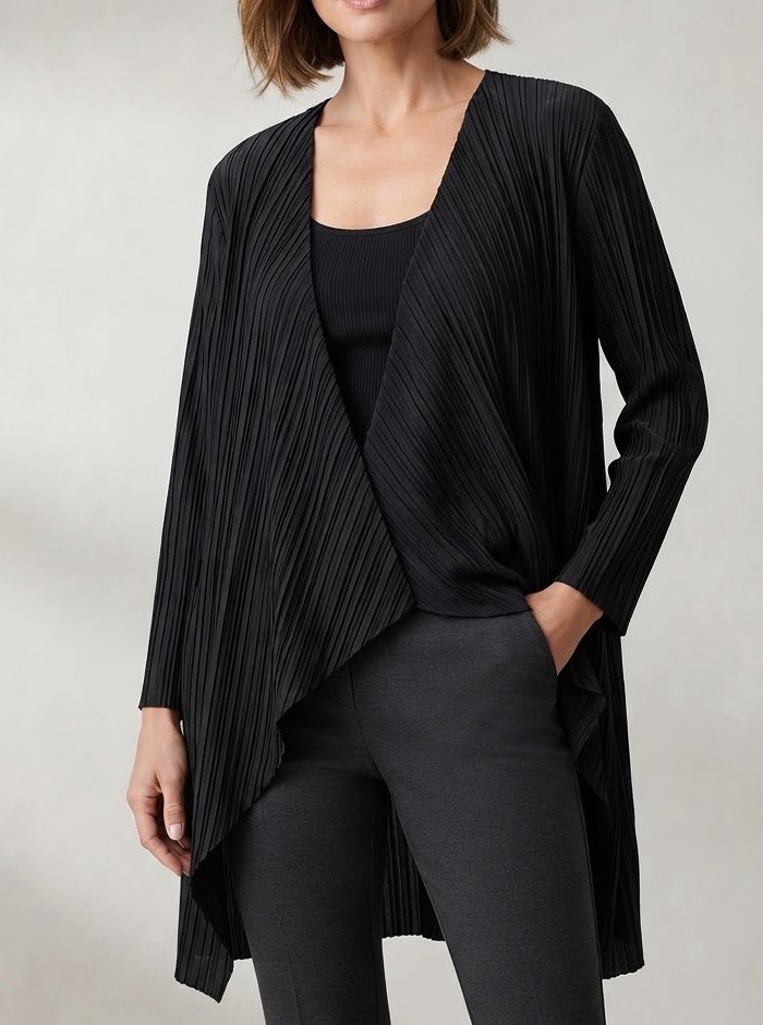 Chico\'s Black Pleated Open Front Topper Cardigan Size 2 L Lightweight Casual Chico\'s Black Pleated Open Front Topper Cardigan Size 2 L Lightweight Casual