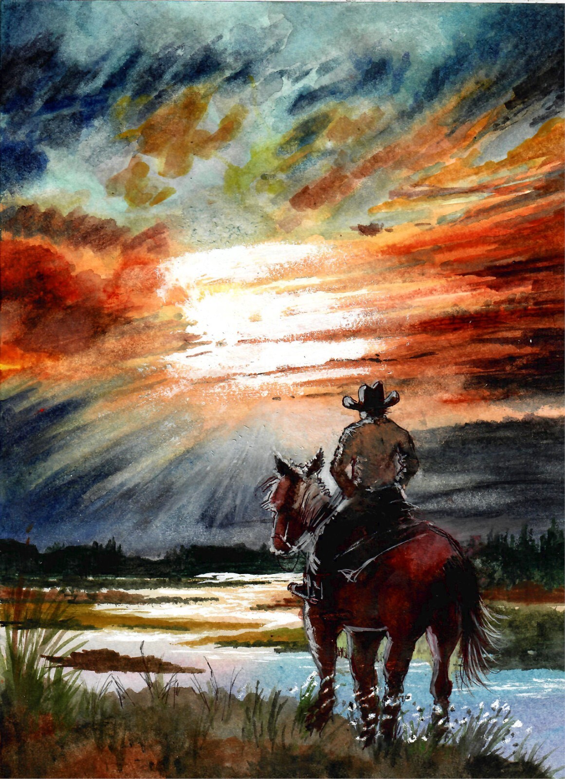 Riding Into The Sunset, Sunset Art Print, (Signed Matted Watercolor Art Print) Riding Into The Sunset, Sunset Art Print, (Signed Matted Watercolor Art Print)