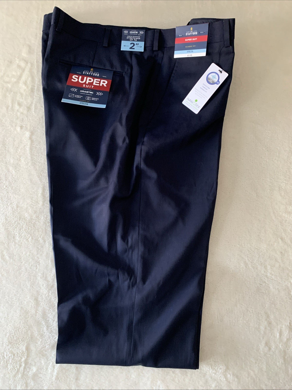 New Mens Stafford Super Suit Adjustec Dress Pants Size 42x32 NWT Blue Stretch