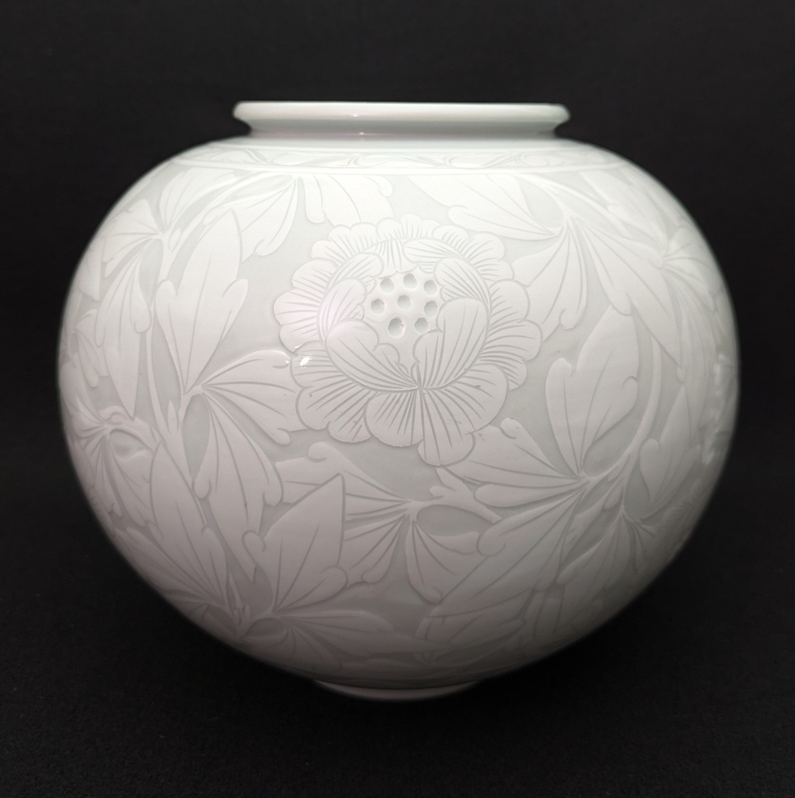 Vintage Korean Celadon Large Ceramic Vase Floral Motif