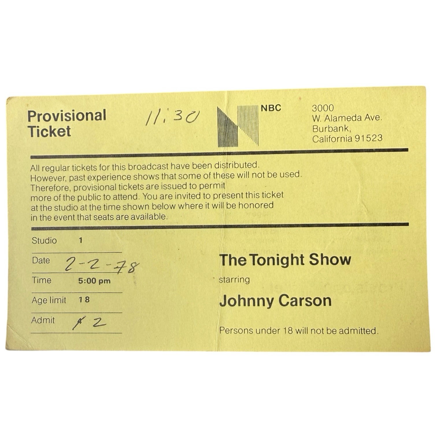 Vtg 1978 The Tonight Show Johnny Carson TV Studio Audience Ticket Provisional