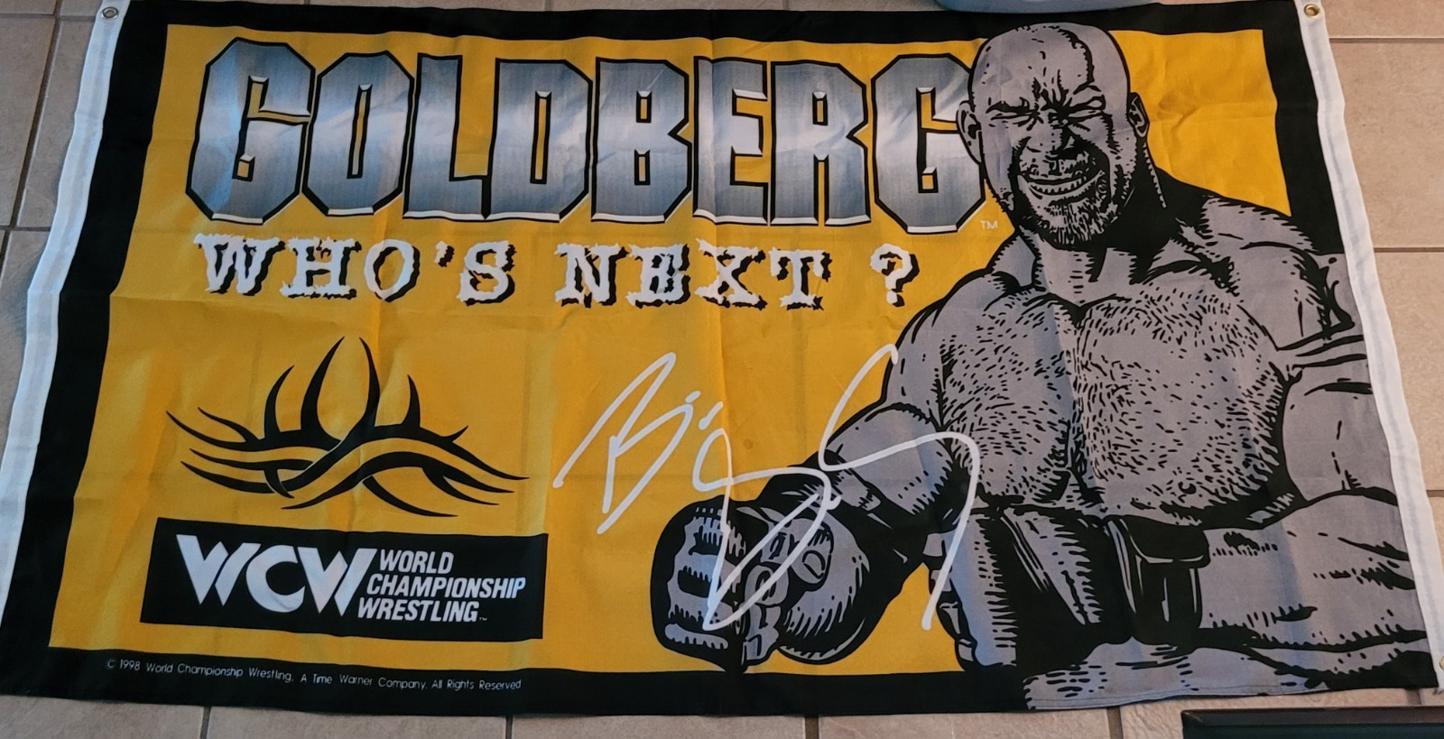 1998 WCW Goldberg “WHO'S NEXT?” 5' x 3' Vintage Wrestling Flag Banner RARE