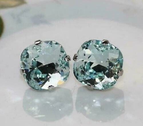 2Ct Cushion Cut Aquamarine Women\'s Push Back Stud Earrings 14K White Gold Finish