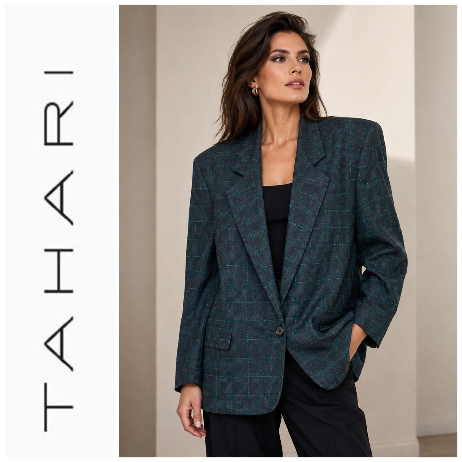 Vintage 1980\'s Tahari Sz 10 100% Wool Blazer Teal Windowpane Plaid Jacket
