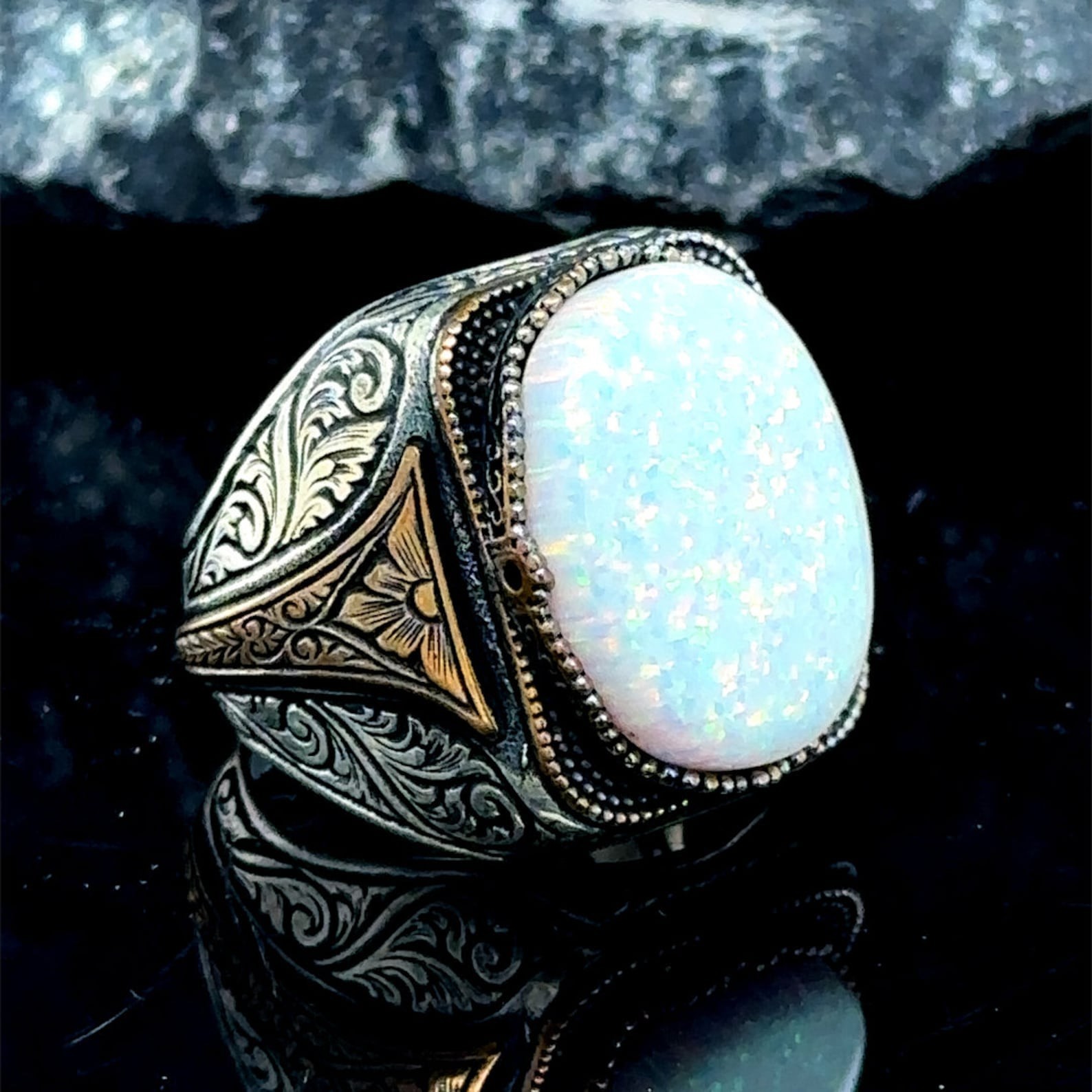 925 Silver Handmade Mens Silver Opal Ring, White Fire Opal Stone Ring