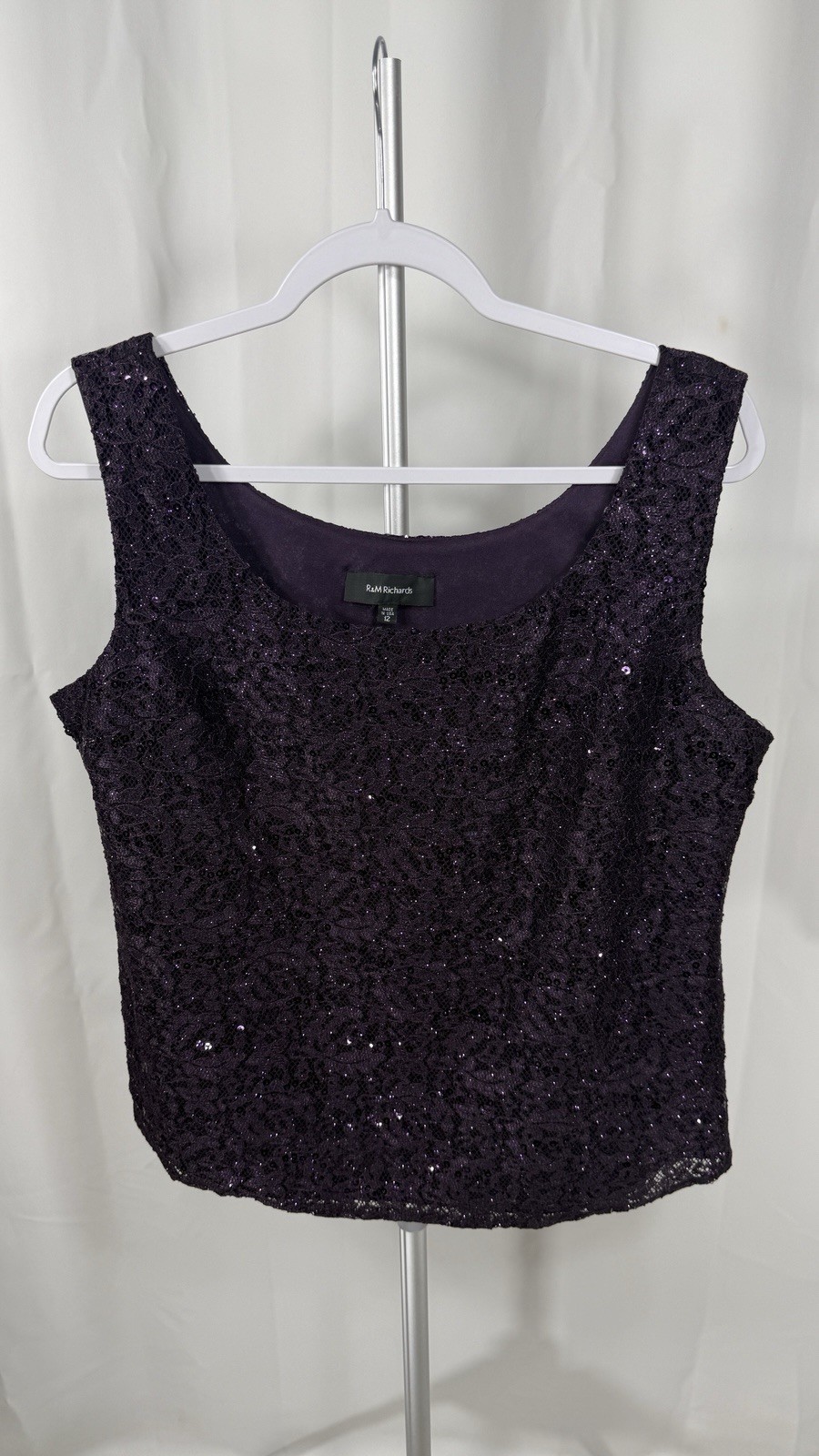 R&M Richards Purple Sequin Lace Tank Top Size 12 Formal Evening Sparkle USA